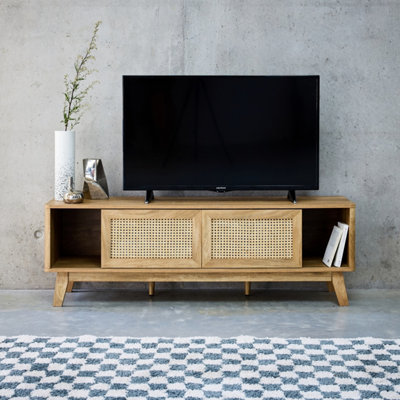 sweeek. 150cm TV unit with sliding doors closed locker wood and