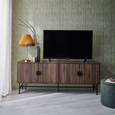 sweeek - 157.5cm TV unit wooden effect 4 doors Bazalt Dark wood colour ...