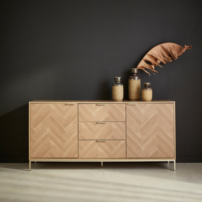 sweeek. 160cm herringbone sideboard with 3 drawers Budapest Natural 160x40x75 cm