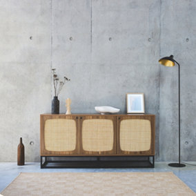 sweeek. 160cm rounded wood and cane buffet with 3 doors Retro Natural 160x40x75 cm