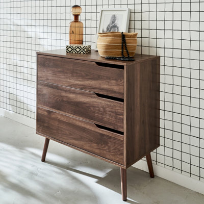 sweeek. 3-drawer chest with walnut wood effect Nepal Walnut wood-effect 80x40x80 cm