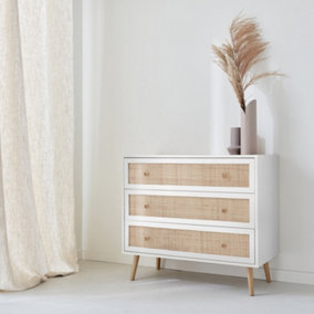 sweeek. 3-drawer chest with wood and cane effect Boheme White 90x39x79 cm