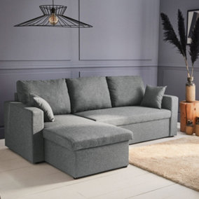 sweeek. 3-seater reversible light grey corner sofa bed with storage box L219xD81xH68cm IDA