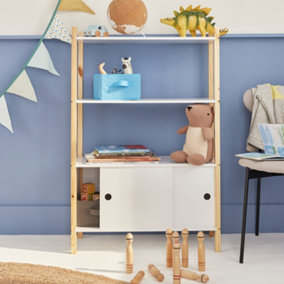 sweeek. 3-shelf children's bookcase with two sliding doors Tobias White 70x30x106.5 cm