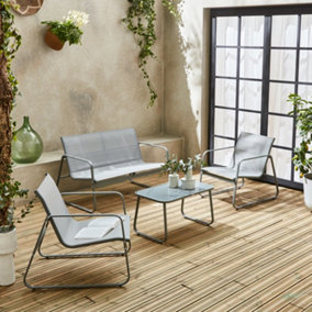 sweeek. 4-seater metal garden sofa set - 1 sofa 2 armchairs 1 coffee table - Silvi - Light Grey metal Light Grey textilene