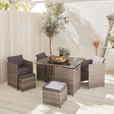 sweeek - 4 to 8-seater rattan cube table set with chairs Mixed Grey ...