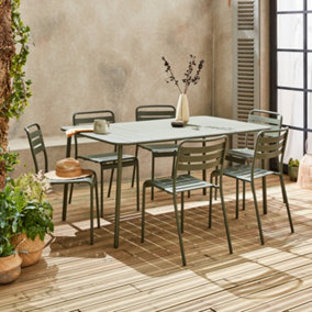 sweeek. 6-8 seater rectangular steel garden table set with chairs 160cm khaki green