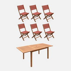 sweeek. 6-seater extendable wooden garden table with 6 textilene chairs Almeria table 180cm + 6 chairs Natural 180x80x75 cm