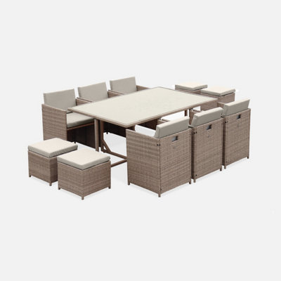 sweeek. 6 to 10-seater rattan cube table set with chairs Vabo 10 Beige 110x110x73 cm