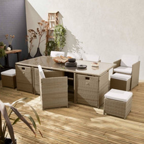 sweeek. 8 to 12-seater rattan cube table set - table 8 armchairs 4 footstools - Vabo 12 - Natural rattan Beige cushions
