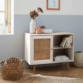 sweeek. 80cm scandi-style storage cabinet with wooden and cane rattan Boheme Blanc cassé 80x39x65.8 cm