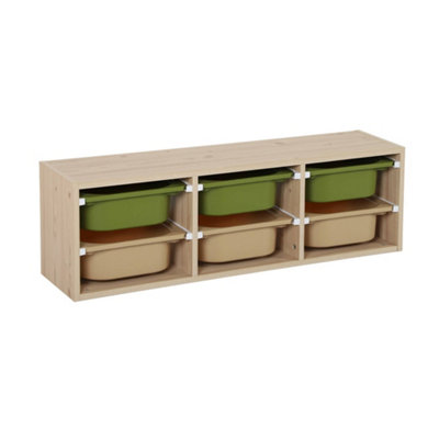 sweeek - Children's storage unit with 6 plastic bins, natural, olive green/taupe, 97.5x21x29.4 cm - Sora