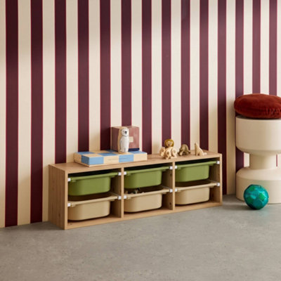 sweeek - Children's storage unit with 6 plastic bins, natural, olive green/taupe, 97.5x21x29.4 cm - Sora