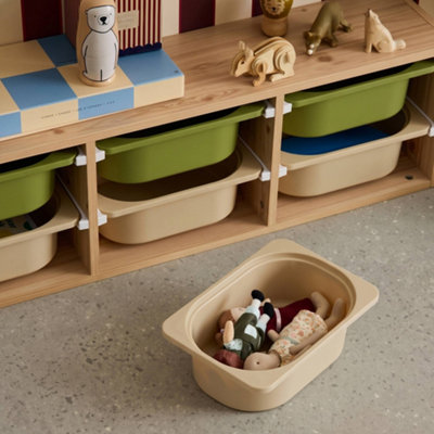 sweeek - Children's storage unit with 6 plastic bins, natural, olive green/taupe, 97.5x21x29.4 cm - Sora