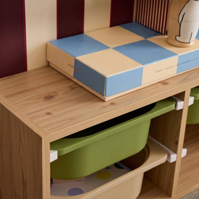 sweeek - Children's storage unit with 6 plastic bins, natural, olive green/taupe, 97.5x21x29.4 cm - Sora