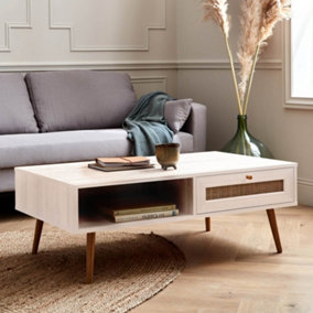 sweeek. Coffee table with wood and cane effect Boheme Blanc cassé 110x59x39 cm