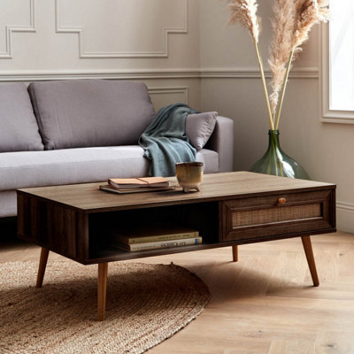 sweeek. Coffee table with wood and cane effect Boheme Dark wood colour 110x59x39 cm
