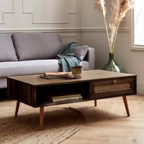 sweeek. Coffee table with wood and cane effect Boheme Dark wood colour 110x59x39 cm