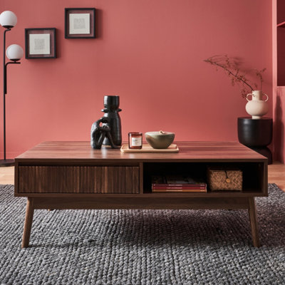 sweeek. Grooved wood detail coffee table Linear Dark wood colour 110x59x39 cm