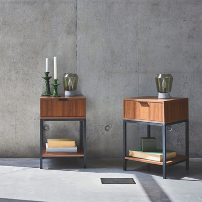 sweeek. Pair of 1- drawer bedside tables in walnut and black metal Walnut Walnut 40x40x61.5 cm