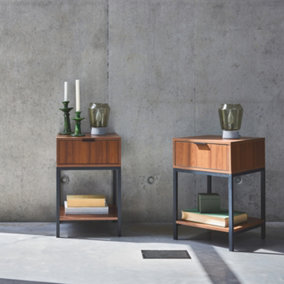 sweeek. Pair of 1- drawer bedside tables in walnut and black metal Walnut Walnut 40x40x61.5 cm