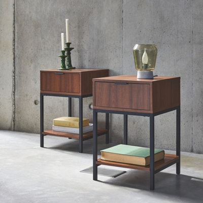 sweeek. Pair of 1- drawer bedside tables in walnut and black metal Walnut Walnut 40x40x61.5 cm