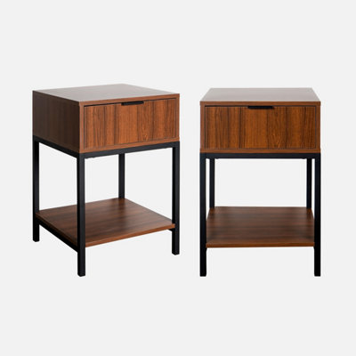 sweeek. Pair of 1- drawer bedside tables in walnut and black metal Walnut Walnut 40x40x61.5 cm
