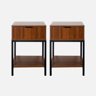 sweeek. Pair of 1- drawer bedside tables in walnut and black metal Walnut Walnut 40x40x61.5 cm