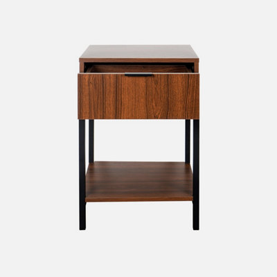 sweeek. Pair of 1- drawer bedside tables in walnut and black metal Walnut Walnut 40x40x61.5 cm