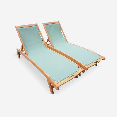 sweeek. Pair of FSC eucalyptus and textilene sun loungers - Natural wood colour Sage Green textilene - Marbella