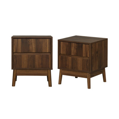 sweeek - Pair of grooved bedside tables with wooden effect Dark wood colour 39x40x48 cm - Linear