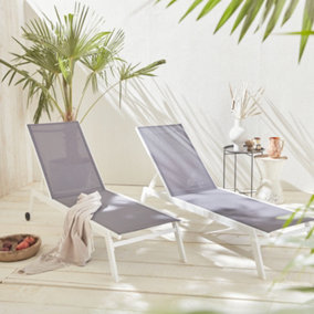 sweeek. Pair of multi-position aluminium sun loungers with wheels Elsa White 191x55x94 cm