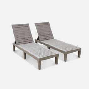 sweeek. Pair of plastic loungers multi position sun beds with textured wood effect - Pia - Grey