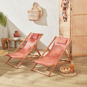 sweeek. Pair of pre-oiled FSC eucalyptus deck chairs with headrest cushions - Creus - Wood/Terracotta