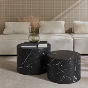 sweeek. Pair of round marble-effect nesting coffee tables Paros Black 1x58x40 cm