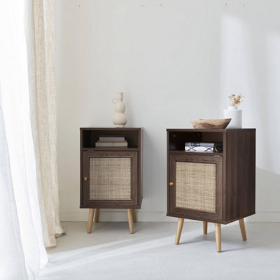 sweeek - Pair of scandi-style bedside tables with cupboard Dark wood colour 39x40x70 cm - Boheme