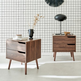 sweeek. Pair of walnut bedside tables with wood effect Nepal Walnut wood-effect 50x40x55 cm