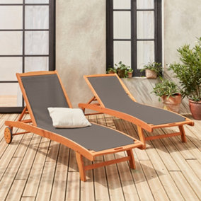 sweeek. Pair of wooden and textilene sun loungers Marbella Anthracite 196x68x91 cm