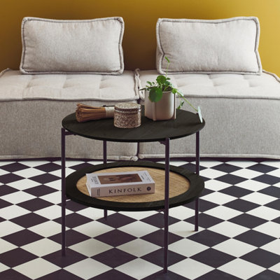 sweeek. Round coffee table with wood effect and cane Manado Black 63.2x63.2x52 cm