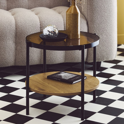 sweeek. Round side table with tempered glass and wood effect Smooky Natural 52x52x45 cm
