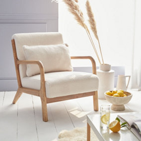 sweeek. Scandi-style boucle wooden armchair with cushion Lorens boucle White 65x80x79 cm
