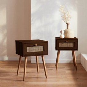 sweeek. Set of 2 dark wood and cane effect bedside tables with 1 drawer