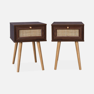 sweeek. Set of 2 dark wood and cane effect bedside tables with 1 drawer
