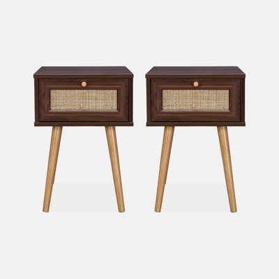 sweeek. Set of 2 dark wood and cane effect bedside tables with 1 drawer