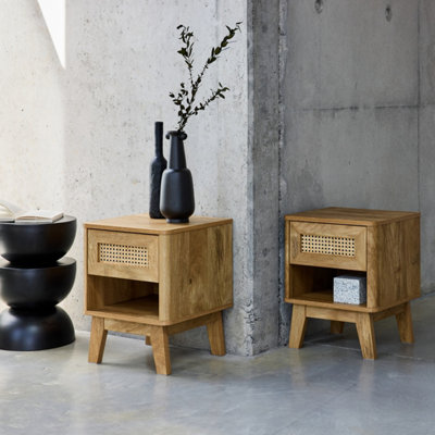 sweeek - Set of 2 wood effect and cane bedside tables Natural 39x39x49 ...