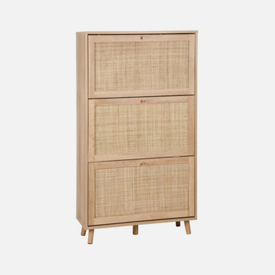 sweeek. Shoe cabinet with wooden and cane effect Boheme Natural 75x26x131 cm