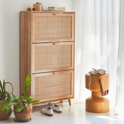 sweeek. Shoe cabinet with wooden and cane effect Boheme Natural 75x26x131 cm