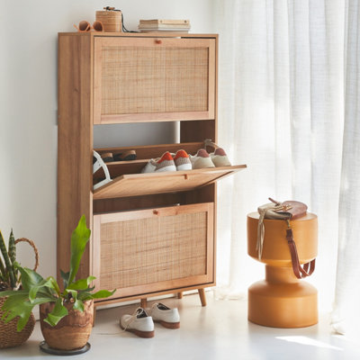 sweeek. Shoe cabinet with wooden and cane effect Boheme Natural 75x26x131 cm