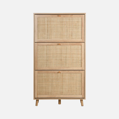 sweeek. Shoe cabinet with wooden and cane effect Boheme Natural 75x26x131 cm