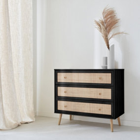 sweeek. Wood and cane rattan detail 3-drawer chest 90x39x79cm - Boheme - Black